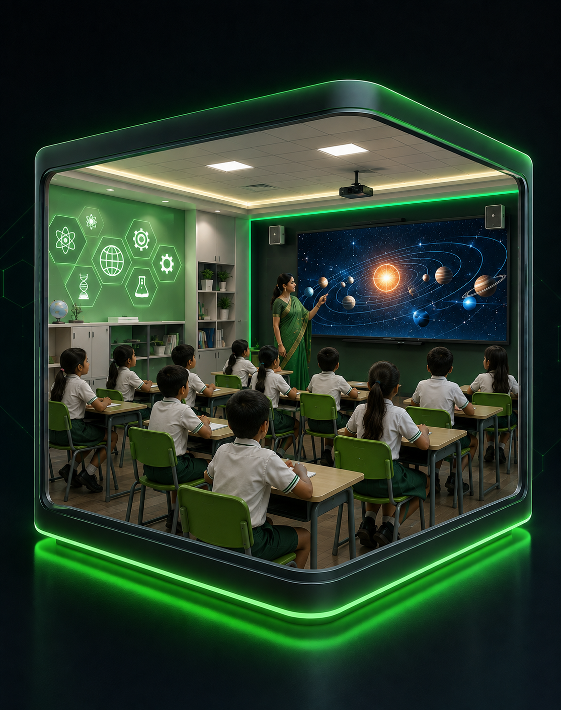 Students wearing VR headsets in a smart classroom