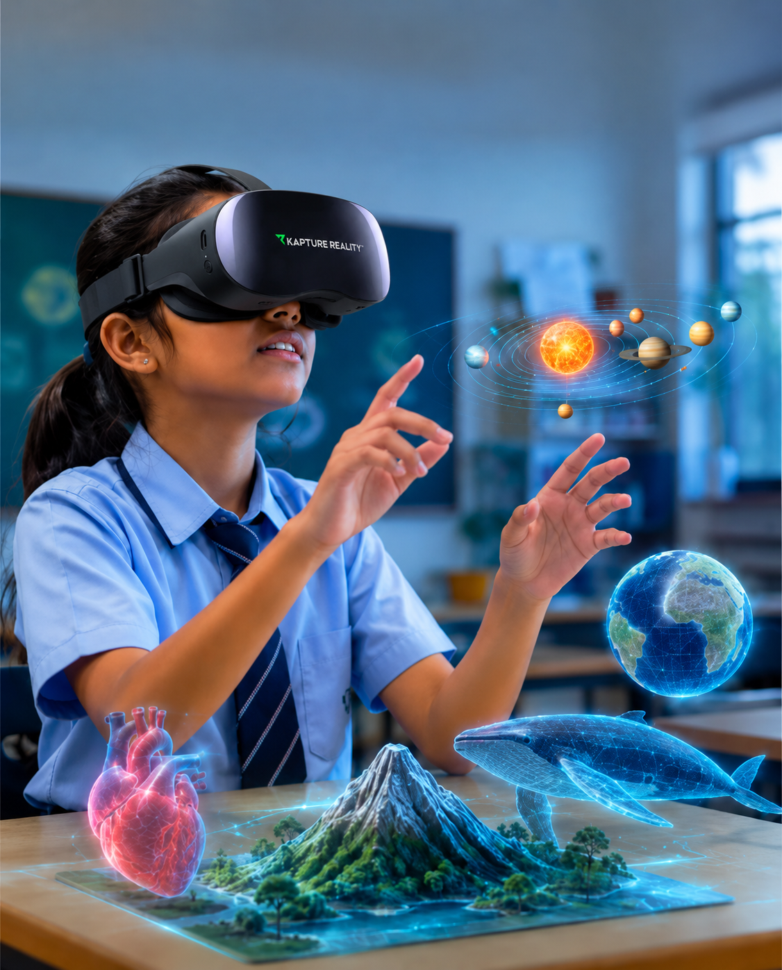 Student pointing at planet in VR headset