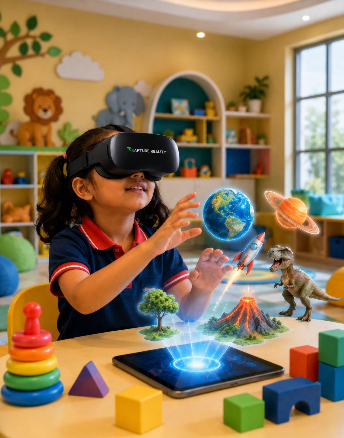 Child using VR headset in colorful room