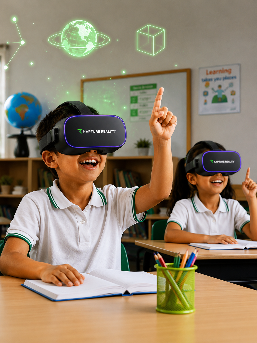 Students using VR headsets in classroom