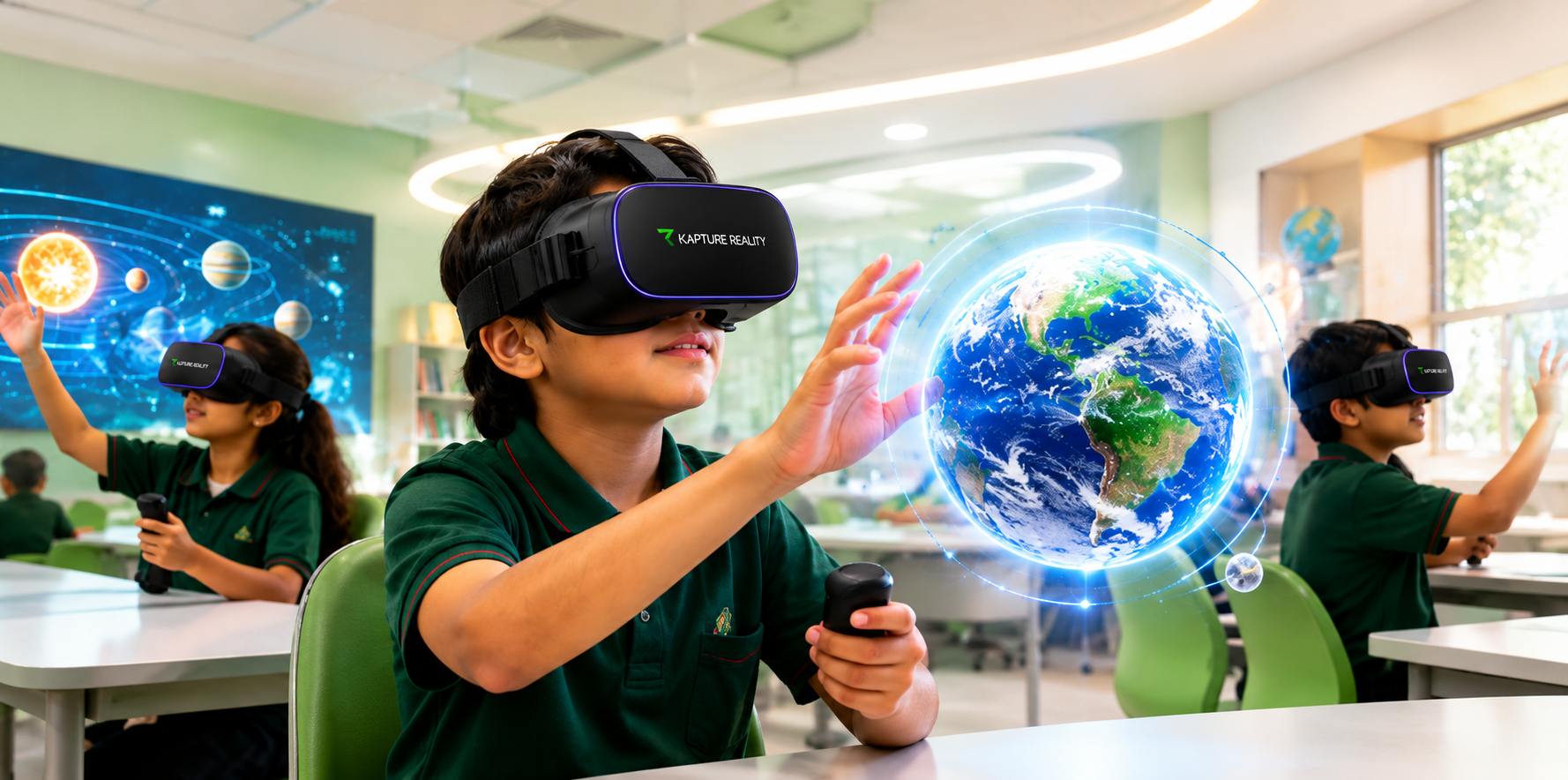 Student using VR headset in classroom exploring space
