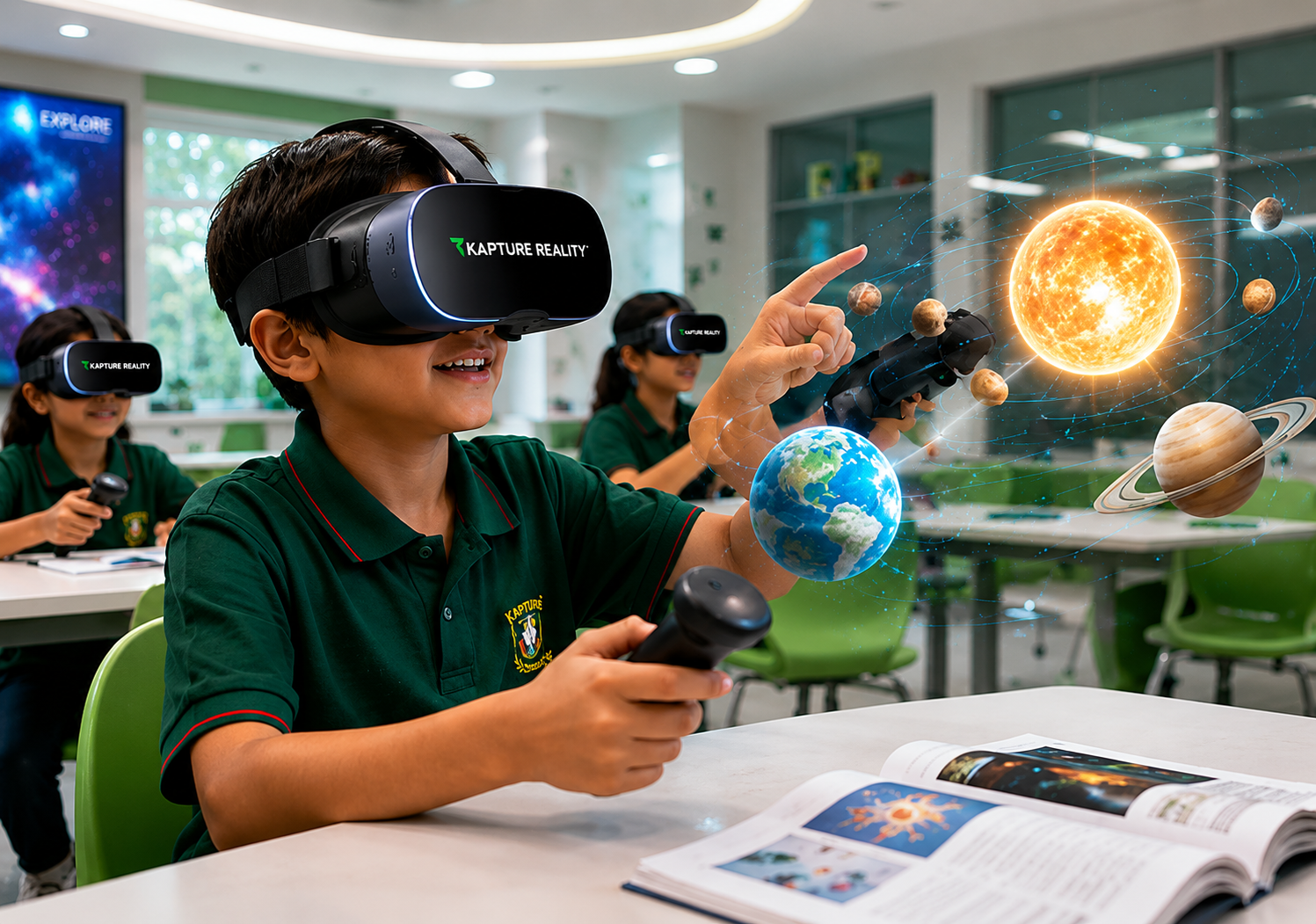 Student using VR headset in classroom exploring space