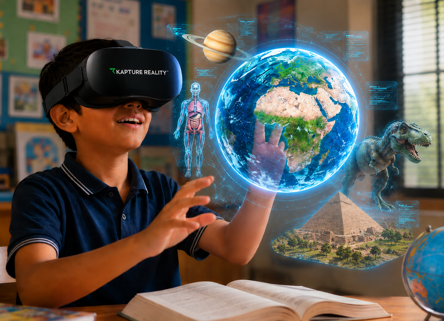 Child using VR headset against a cosmic background