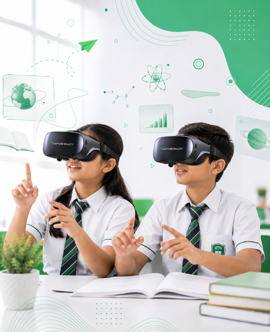 Students learning with VR headsets